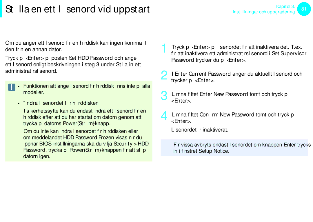 Samsung NP900X3C-A01SE Ställa in lösenord för hårddisk tillval, Inaktivera lösenordet, Ändra lösenordet för hårddisken 