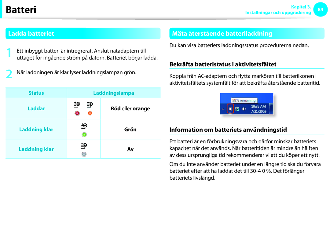 Samsung NP900X3F-G01SE manual Ladda batteriet, Mäta återstående batteriladdning, Bekräfta batteristatus i aktivitetsfältet 