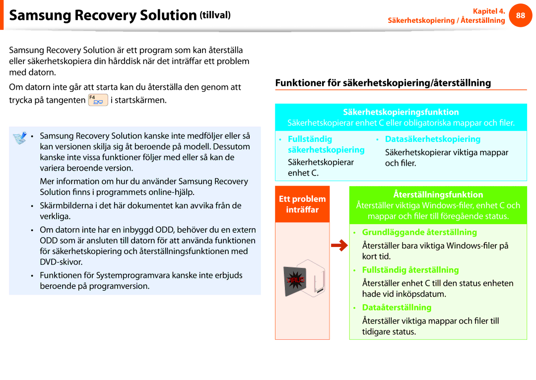 Samsung NP900X3C-B01SE manual Funktioner i Samsung Recovery Solution, Funktioner för säkerhetskopiering/återställning 