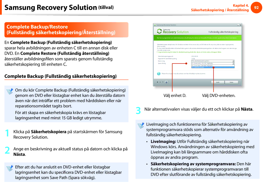 Samsung NP900X4C-A04SE, NP900X3G-K03SE, NP900X4D-A06SE, NP900X4D-K03SE Complete Backup Fullständig säkerhetskopiering, Nästa 