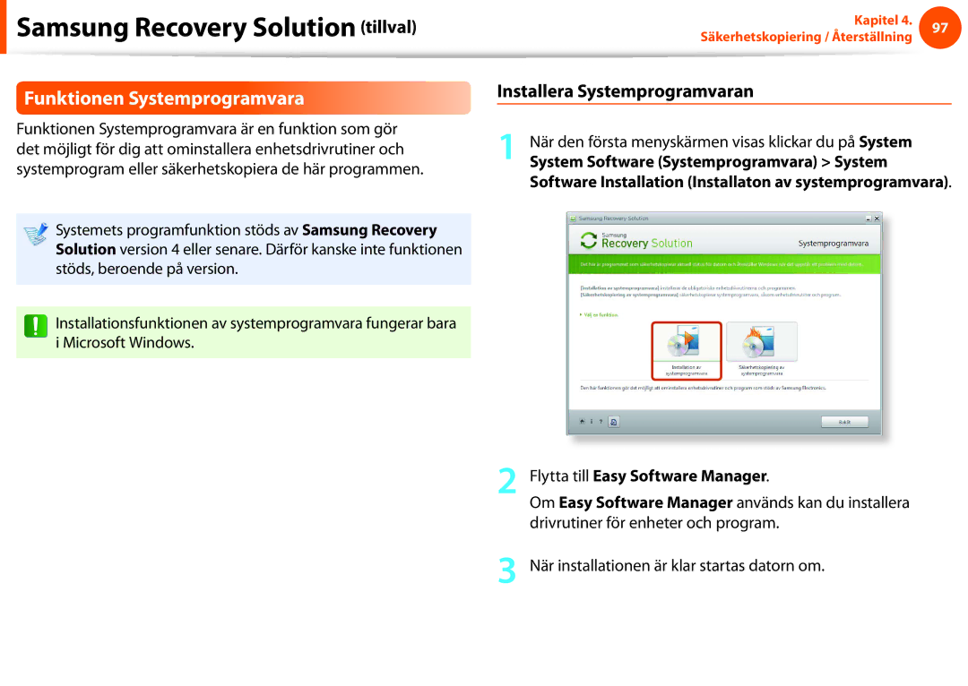 Samsung NP900X4D-K03SE, NP900X3G-K03SE, NP900X4D-A06SE manual Funktionen Systemprogramvara, Flytta till Easy Software Manager 