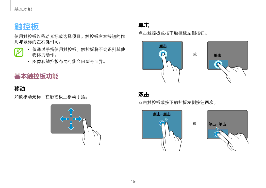 Samsung NP900X3L-S01TR manual 基本触控板功能, 图像和触控板布局可能会因型号而异。, 如欲移动光标，在触控板上移动手指。 点击触控板或按下触控板左侧按钮。 双击触控板或按下触控板左侧按钮两次。 