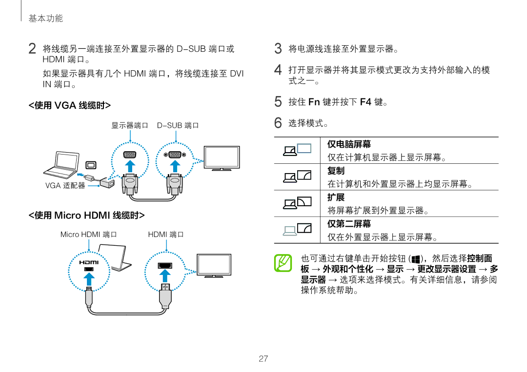 Samsung NP900X3L-S01TR, NP900X3H-S03TR manual 将线缆另一端连接至外置显示器的 D-Sub端口或, 如果显示器具有几个 Hdmi 端口，将线缆连接至 DVI in 端口。 