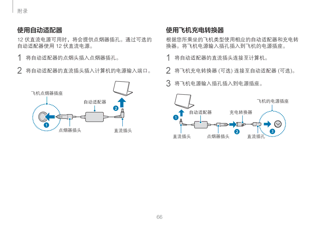 Samsung NP900X3H-S03TR, NP900X3L-S01TR manual 使用自动适配器, 使用飞机充电转换器, 将自动适配器的点烟头插入点烟器插孔。 将自动适配器的直流插头插入计算机的电源输入端口。 