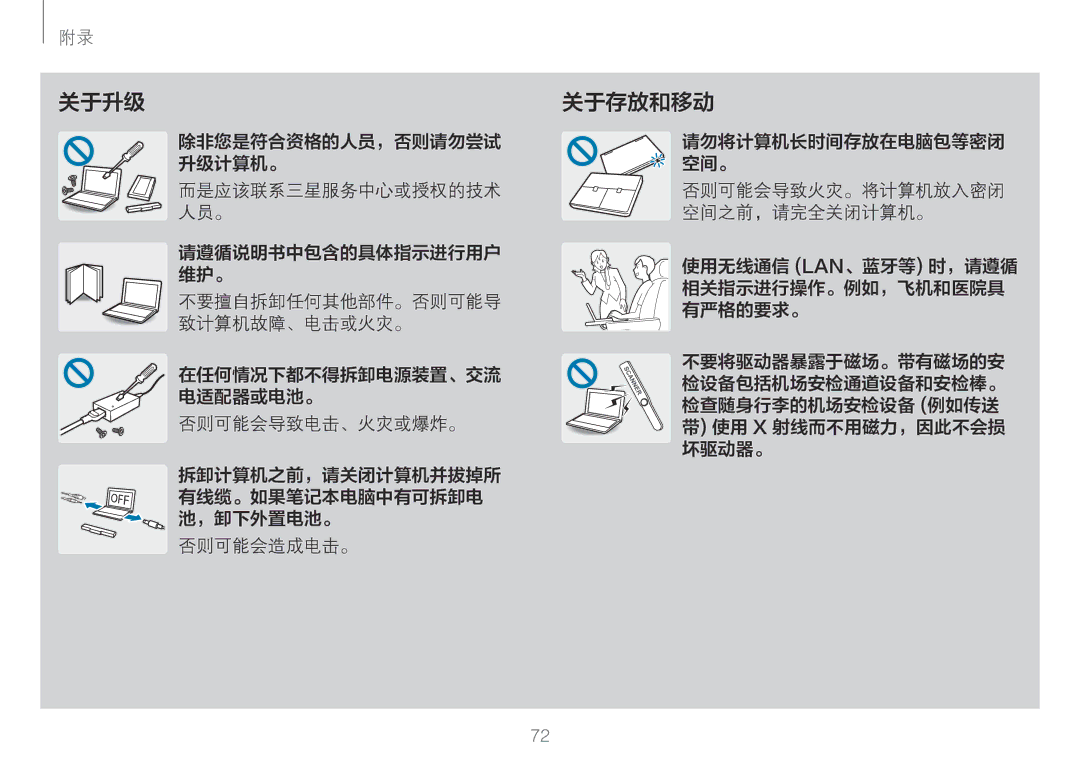 Samsung NP900X3H-S03TR manual 关于升级, 关于存放和移动, 否则可能会导致电击、火灾或爆炸。, 否则可能会造成电击。, 使用无线通信 Lan、蓝牙等 时，请遵循 相关指示进行操作。例如，飞机和医院具 有严格的要求。 