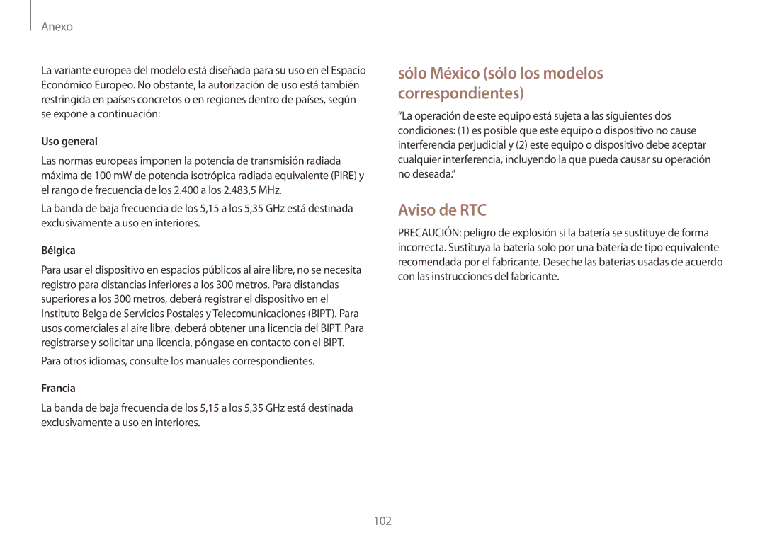 Samsung NP900X3H-S03TR Aviso de RTC, Uso general, Bélgica, Para otros idiomas, consulte los manuales correspondientes 