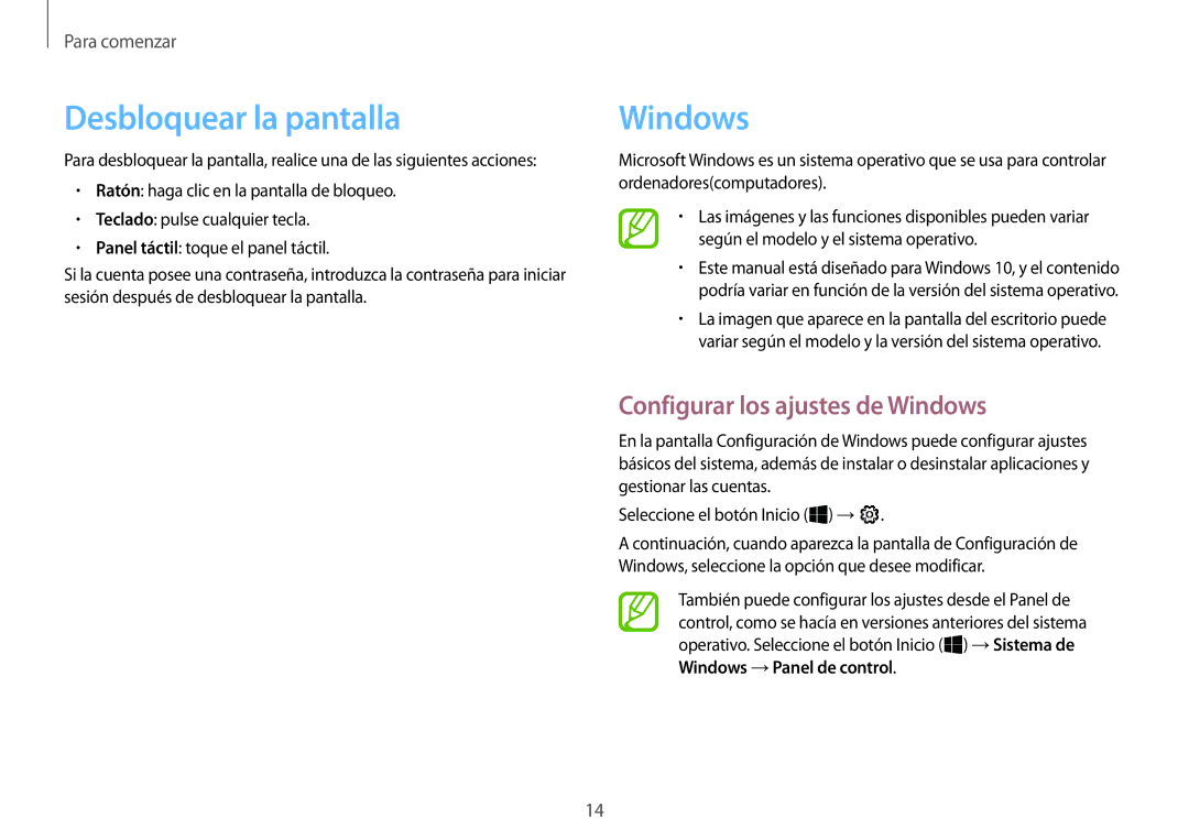 Samsung NP900X3H-S03TR manual Desbloquear la pantalla, Configurar los ajustes de Windows 