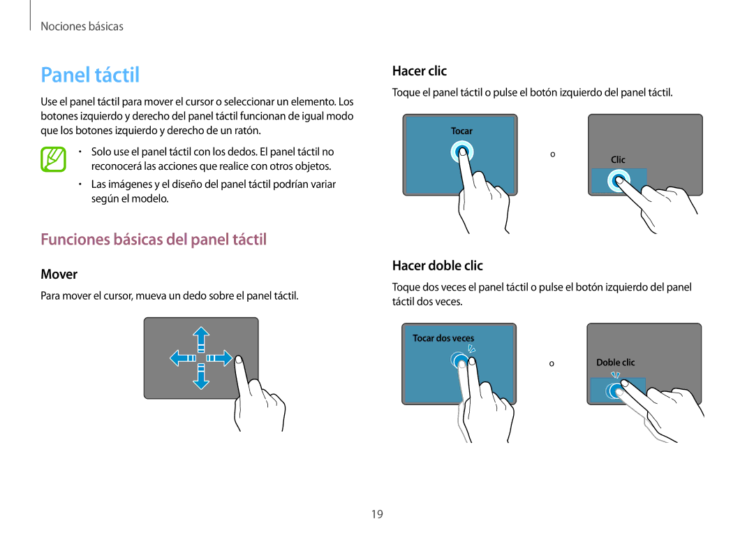 Samsung NP900X3H-S03TR manual Panel táctil, Funciones básicas del panel táctil, Mover, Hacer clic, Hacer doble clic 