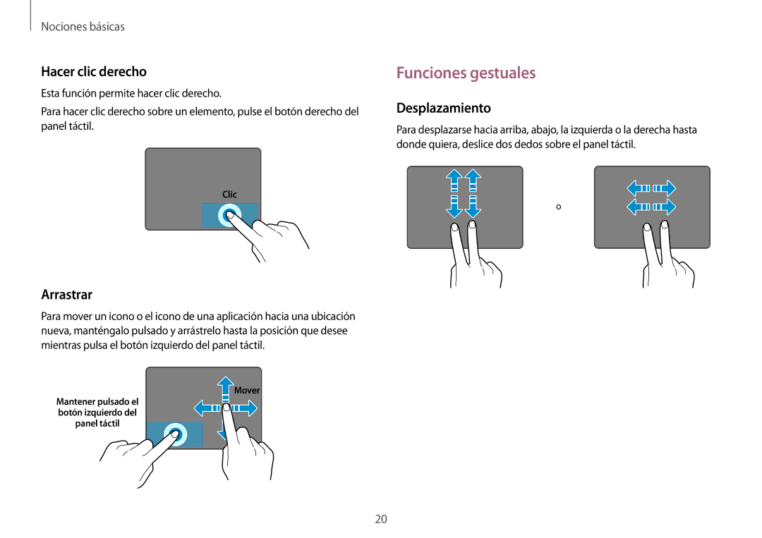 Samsung NP900X3H-S03TR manual Funciones gestuales, Hacer clic derecho, Desplazamiento, Arrastrar 