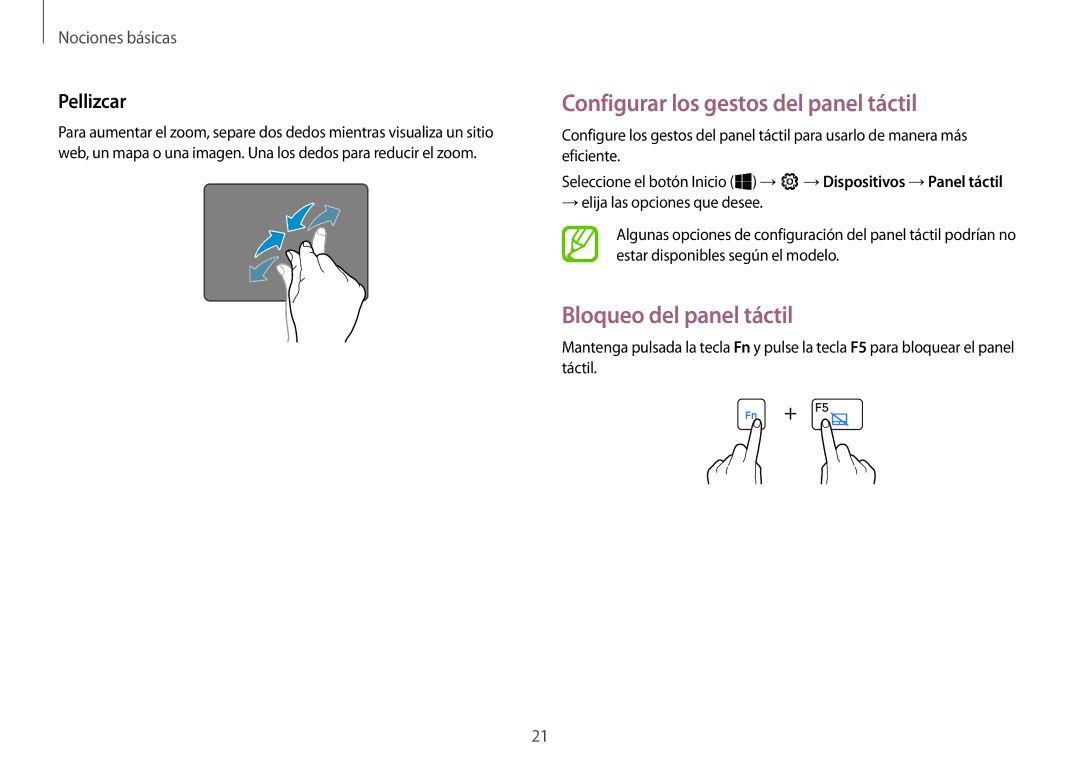 Samsung NP900X3H-S03TR manual Configurar los gestos del panel táctil, Bloqueo del panel táctil, Pellizcar 