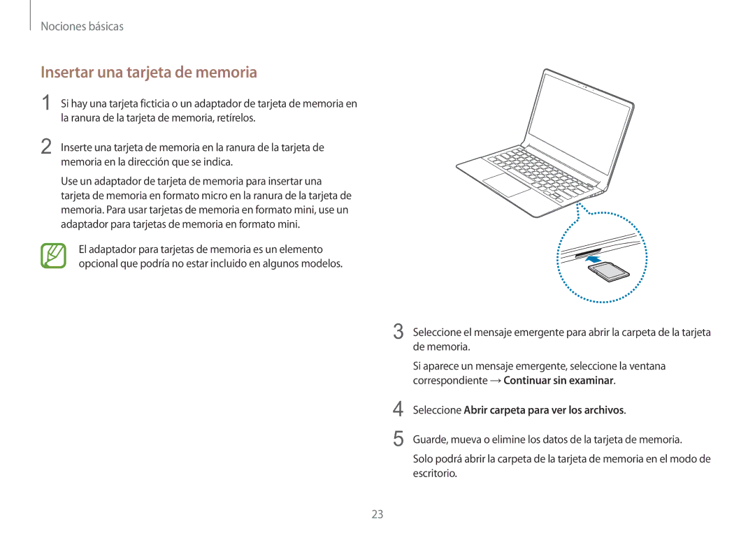 Samsung NP900X3H-S03TR manual Insertar una tarjeta de memoria, Seleccione Abrir carpeta para ver los archivos 