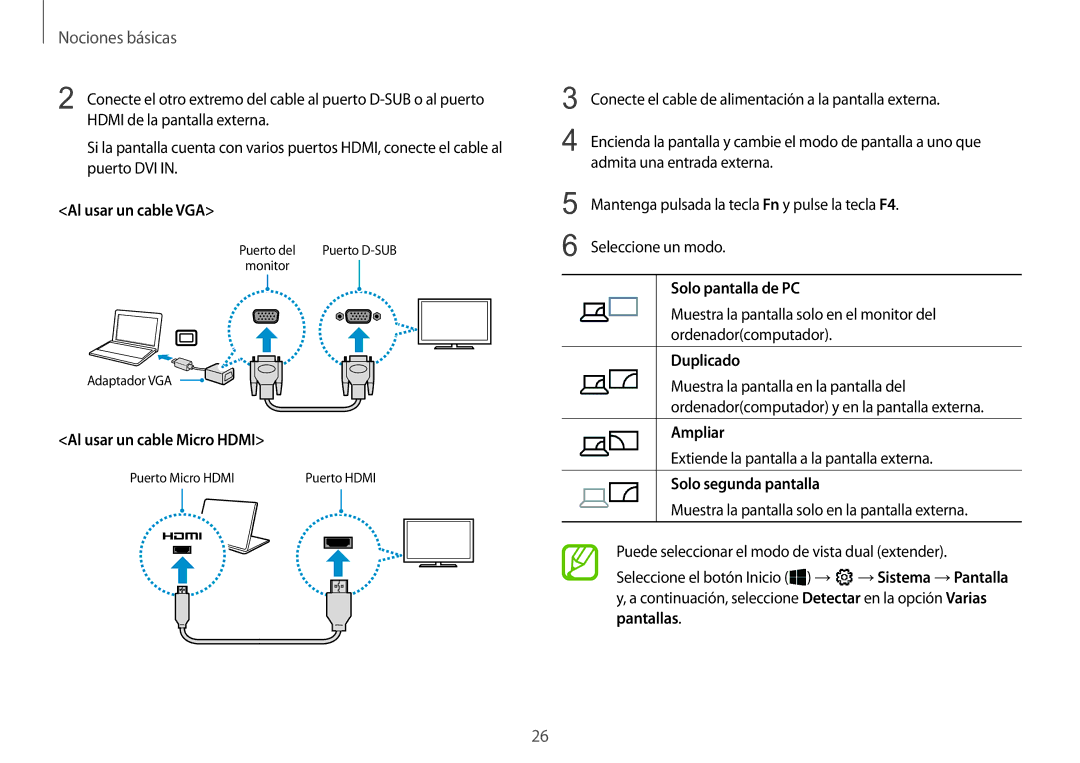 Samsung NP900X3H-S03TR manual Al usar un cable VGA, Al usar un cable Micro Hdmi, Solo pantalla de PC, Duplicado, Ampliar 