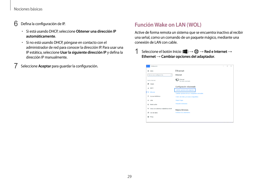 Samsung NP900X3H-S03TR manual Función Wake on LAN WOL, Ethernet →Cambiar opciones del adaptador 