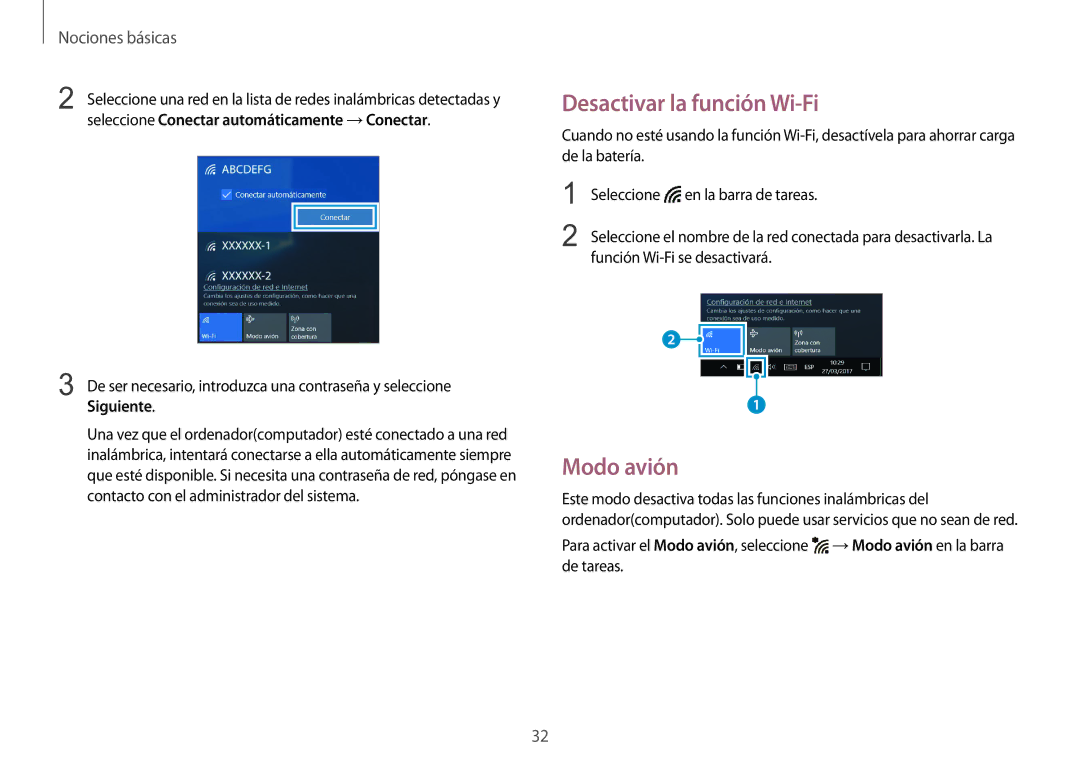 Samsung NP900X3H-S03TR manual Desactivar la función Wi-Fi, Modo avión, Función Wi-Fi se desactivará 