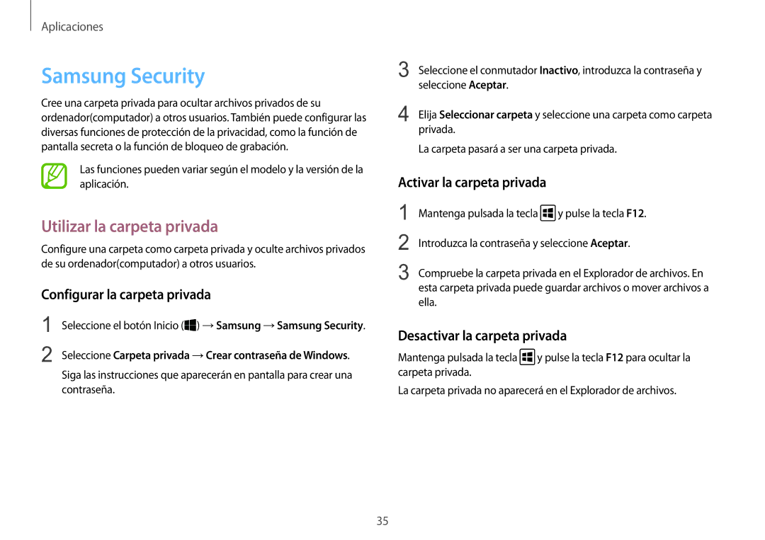 Samsung NP900X3H-S03TR manual Samsung Security, Utilizar la carpeta privada, Configurar la carpeta privada 