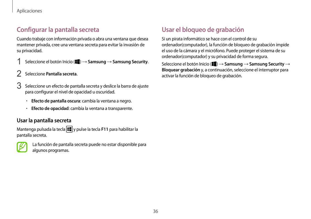 Samsung NP900X3H-S03TR manual Configurar la pantalla secreta, Usar el bloqueo de grabación, Usar la pantalla secreta 