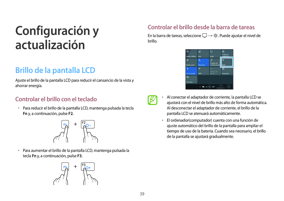 Samsung NP900X3H-S03TR manual Brillo de la pantalla LCD, Controlar el brillo con el teclado 