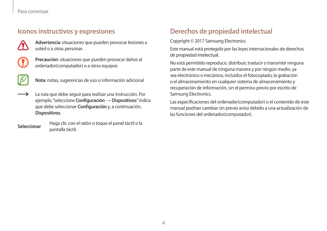 Samsung NP900X3H-S03TR Iconos instructivos y expresiones, Derechos de propiedad intelectual, Seleccionar, Pantalla táctil 
