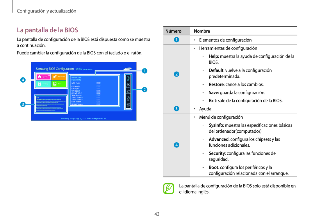 Samsung NP900X3H-S03TR manual La pantalla de la Bios, Número Nombre 