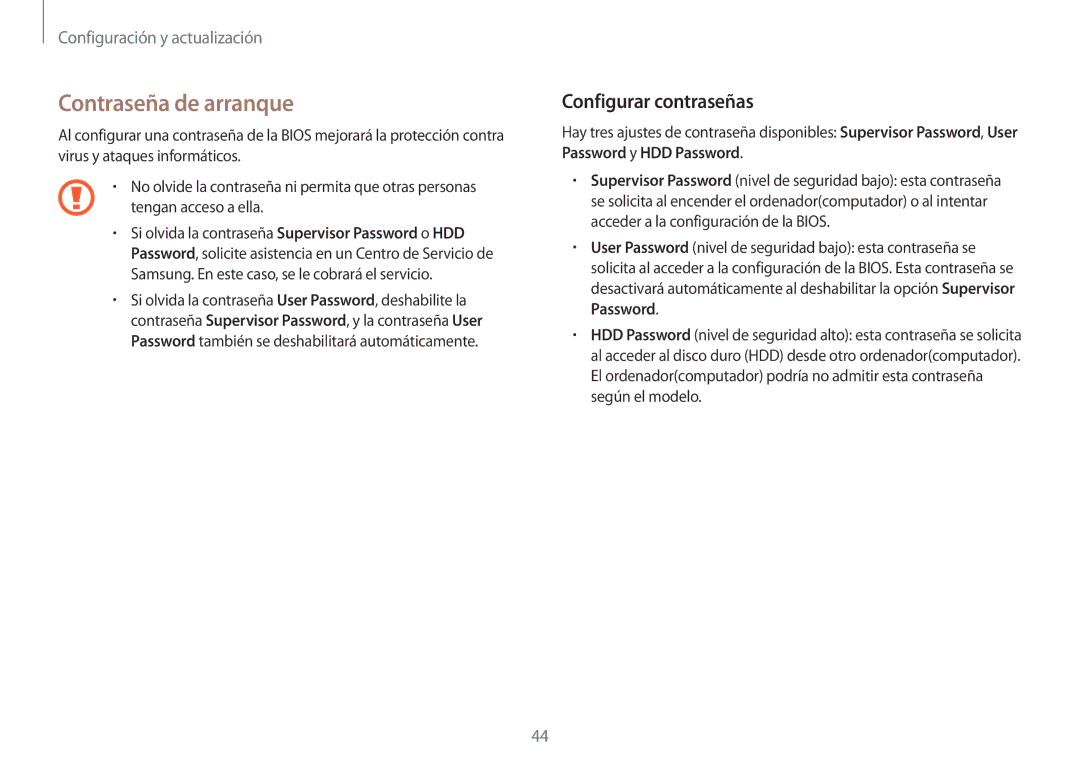 Samsung NP900X3H-S03TR manual Contraseña de arranque, Configurar contraseñas 
