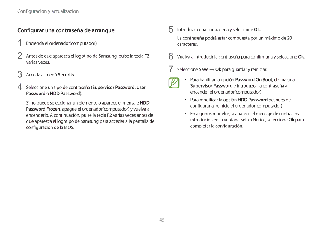 Samsung NP900X3H-S03TR manual Configurar una contraseña de arranque, Acceda al menú Security, Password o HDD Password 