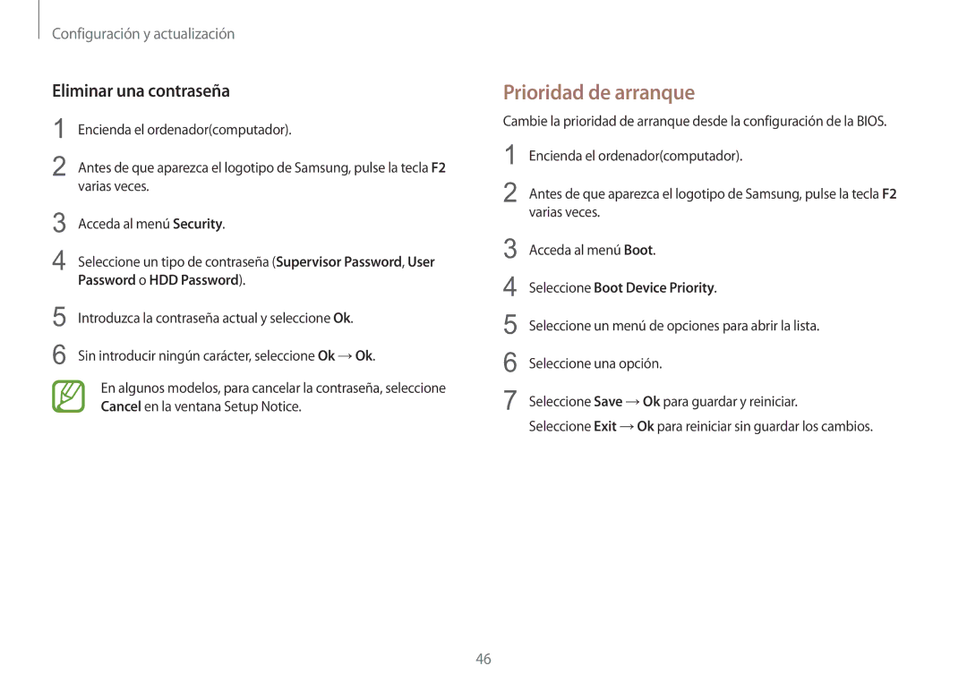 Samsung NP900X3H-S03TR manual Prioridad de arranque, Eliminar una contraseña, Seleccione Boot Device Priority 