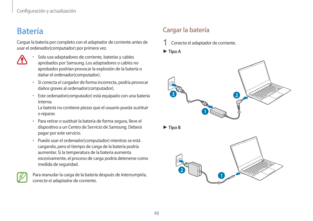Samsung NP900X3H-S03TR manual Batería, Cargar la batería, Conecte el adaptador de corriente, Tipo a Tipo B 