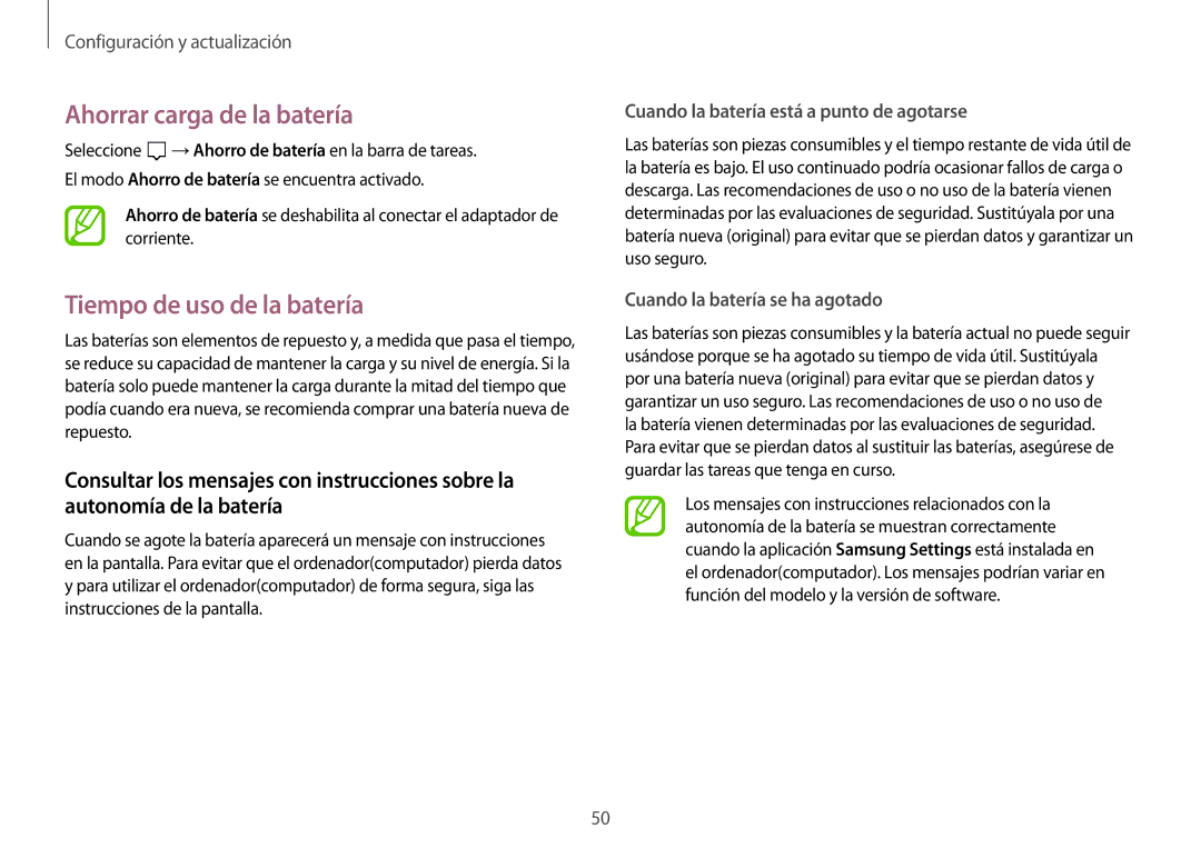 Samsung NP900X3H-S03TR manual Ahorrar carga de la batería, Tiempo de uso de la batería 
