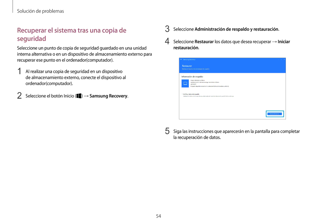 Samsung NP900X3H-S03TR manual Recuperar el sistema tras una copia de seguridad, Restauración 