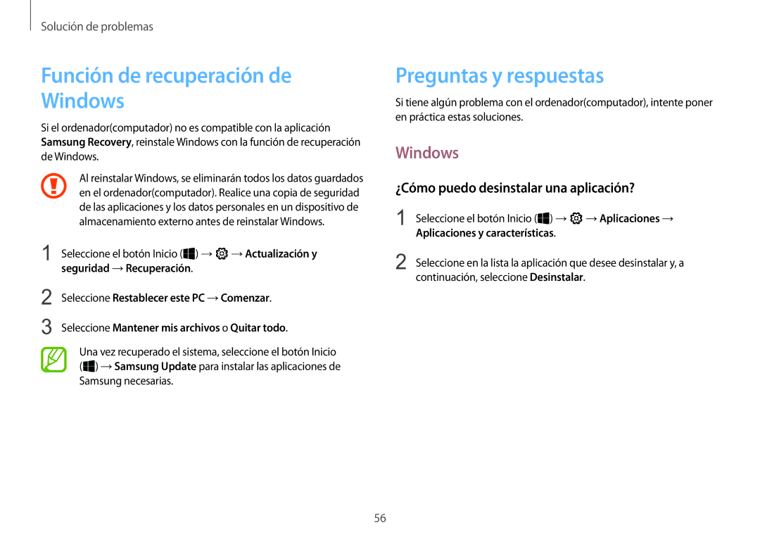 Samsung NP900X3H-S03TR manual Preguntas y respuestas, Windows, ¿Cómo puedo desinstalar una aplicación?, →Aplicaciones → 