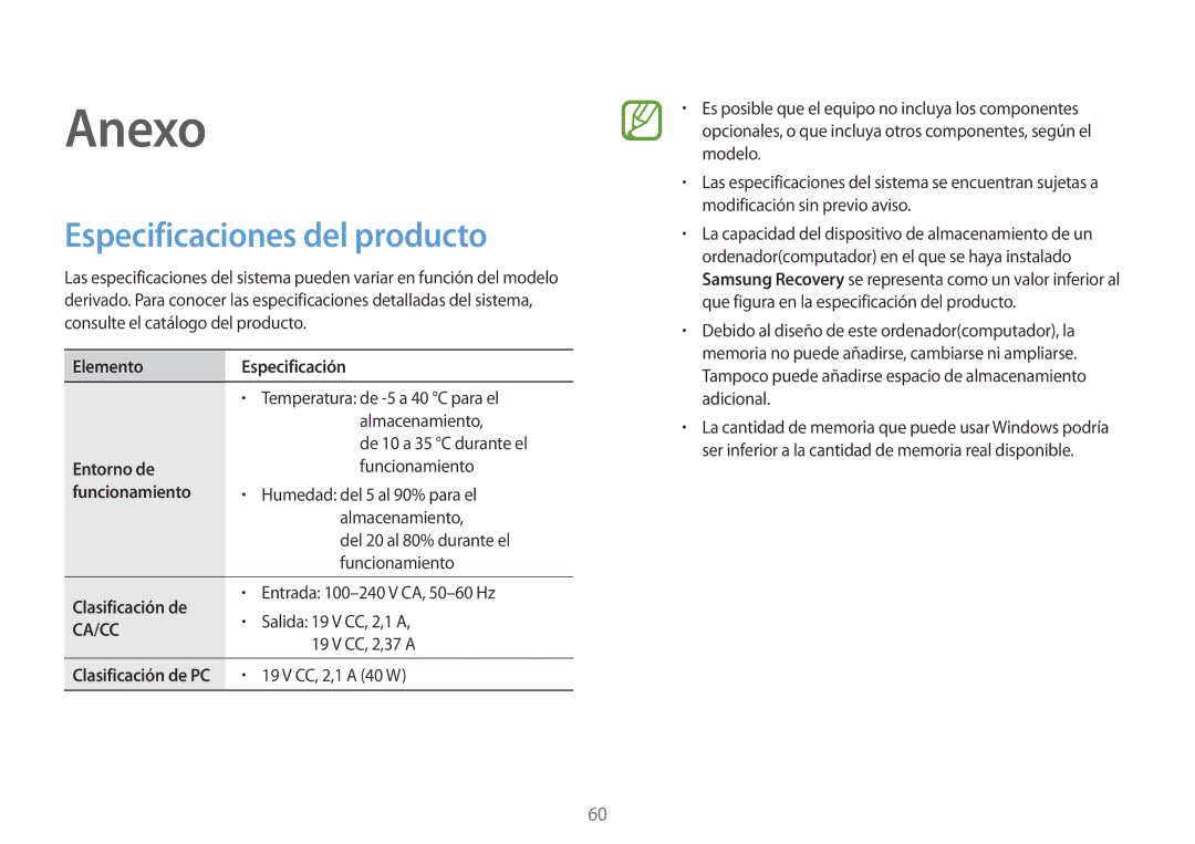 Samsung NP900X3H-S03TR manual Especificaciones del producto, Elemento Especificación, Entorno de, Clasificación de 