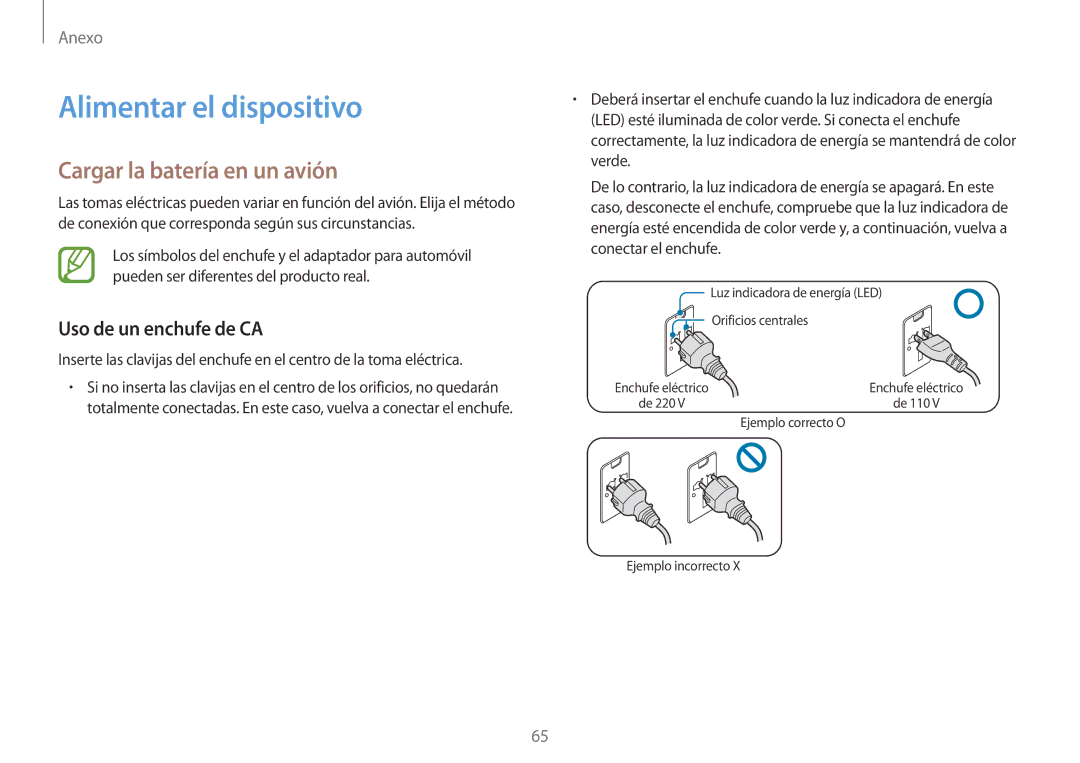 Samsung NP900X3H-S03TR manual Alimentar el dispositivo, Cargar la batería en un avión, Uso de un enchufe de CA 