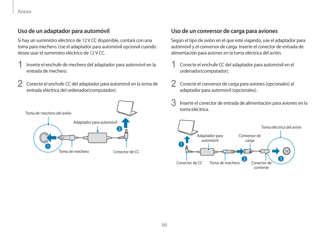 Samsung NP900X3H-S03TR Uso de un adaptador para automóvil, Uso de un conversor de carga para aviones, Entrada de mechero 