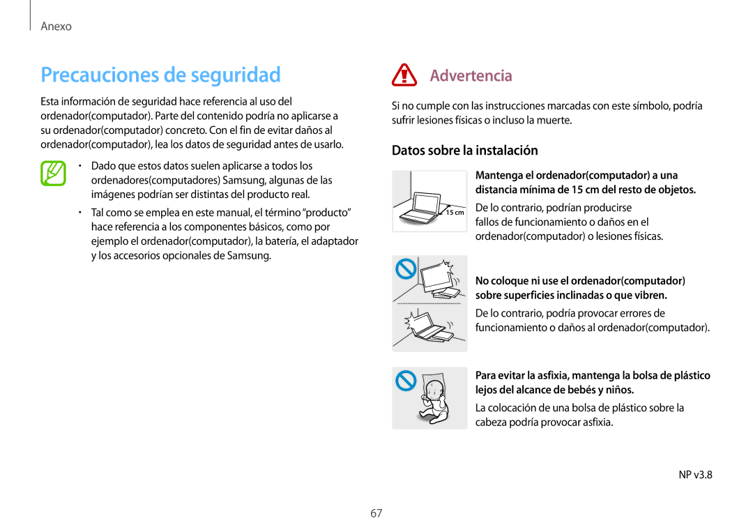 Samsung NP900X3H-S03TR manual Precauciones de seguridad, Advertencia, Datos sobre la instalación 