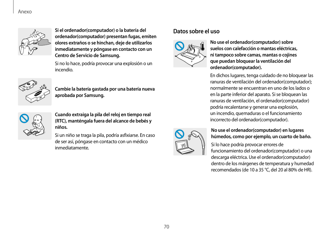 Samsung NP900X3H-S03TR manual Datos sobre el uso, Si no lo hace, podría provocar una explosión o un incendio 