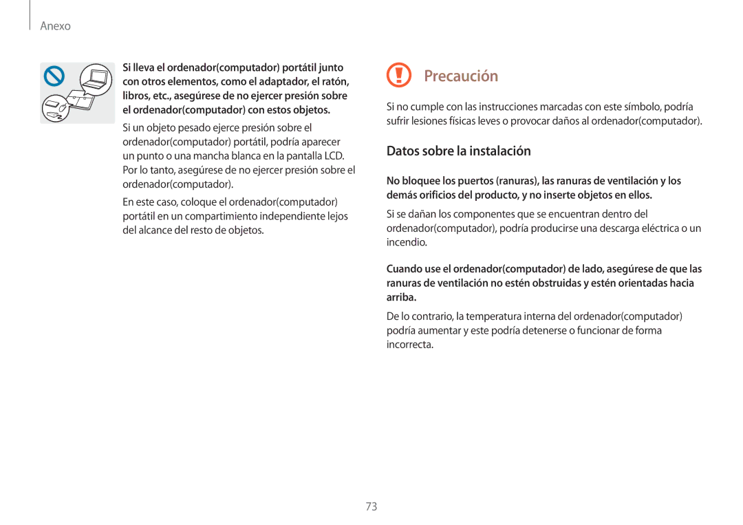 Samsung NP900X3H-S03TR manual Precaución, Datos sobre la instalación 