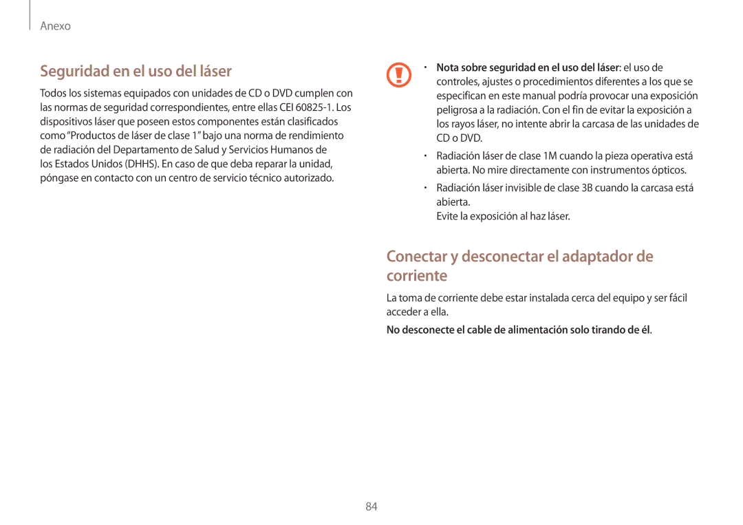 Samsung NP900X3H-S03TR manual Seguridad en el uso del láser, Conectar y desconectar el adaptador de corriente 