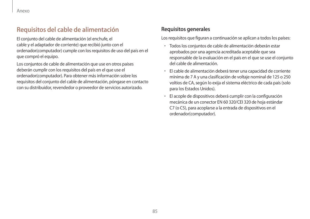 Samsung NP900X3H-S03TR manual Requisitos del cable de alimentación, Requisitos generales 