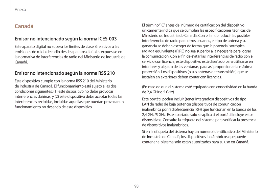 Samsung NP900X3H-S03TR Canadá, Emisor no intencionado según la norma ICES-003, Emisor no intencionado según la norma RSS 