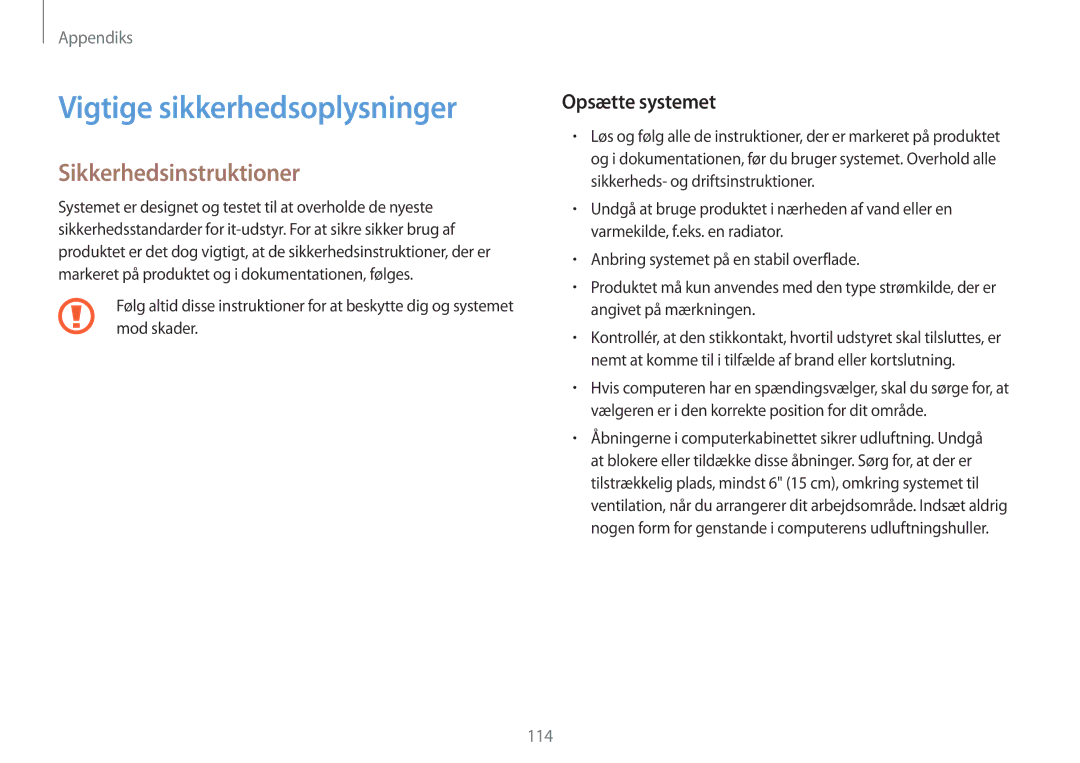 Samsung NP900X3G-K01SE, NP905S3G-K01AE manual Vigtige sikkerhedsoplysninger, Sikkerhedsinstruktioner, Opsætte systemet 