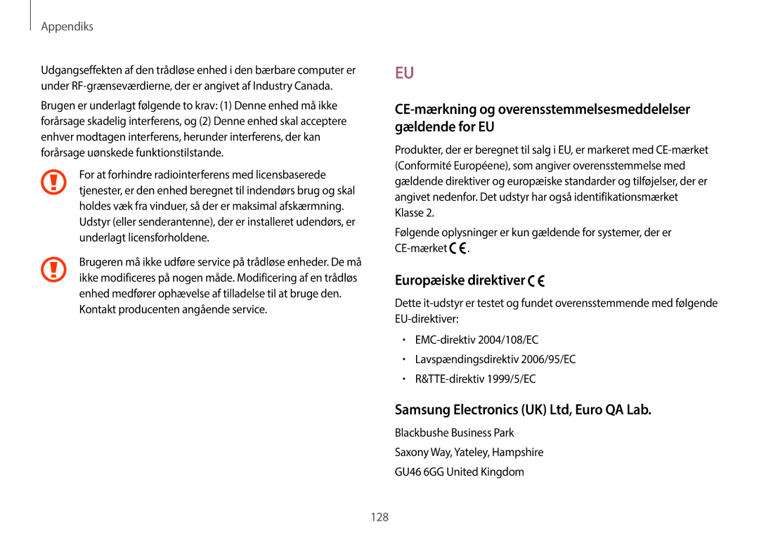 Samsung NP915S3G-K04SE, NP905S3G-K01AE, NP900X3G-K03SE manual Europæiske direktiver, Kontakt producenten angående service 