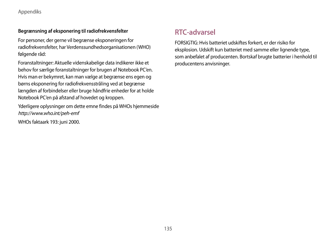 Samsung NP470R5E-X01SE manual RTC-advarsel, Begrænsning af eksponering til radiofrekvensfelter, WHOs faktaark 193 juni 