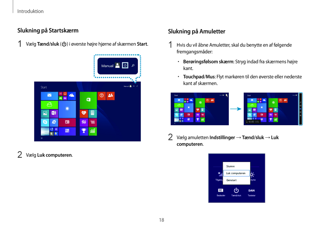 Samsung NP940X3G-K01SE, NP905S3G-K01AE, NP900X3G-K03SE Slukning på Startskærm, Slukning på Amuletter, Vælg Luk computeren 