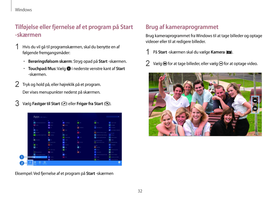 Samsung NP275E5E-K02SE manual Tilføjelse eller fjernelse af et program på Start -skærmen, Brug af kameraprogrammet 