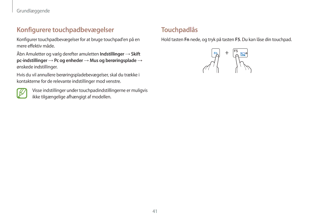 Samsung NP905S3G-K01SE, NP905S3G-K01AE, NP900X3G-K03SE, NP915S3G-K01SE manual Konfigurere touchpadbevægelser, Touchpadlås 