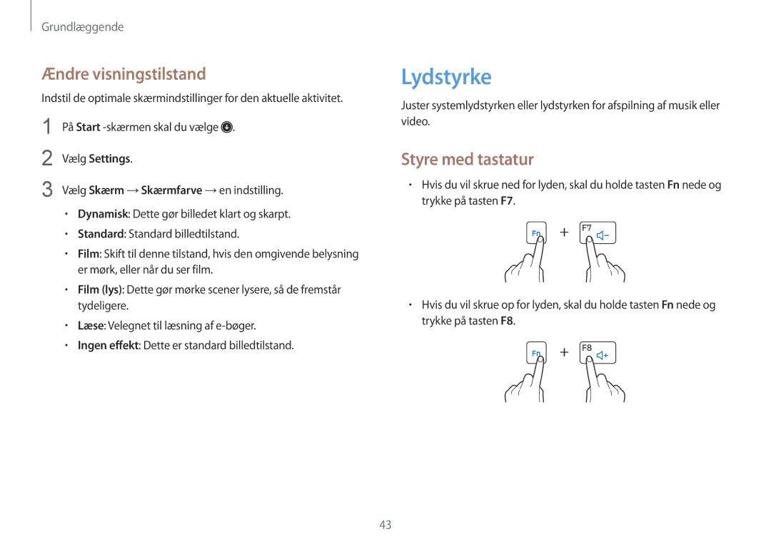 Samsung NP940X3G-K01SE, NP905S3G-K01AE, NP900X3G-K03SE, NP915S3G-K01SE manual Lydstyrke, Ændre visningstilstand, Vælg Settings 
