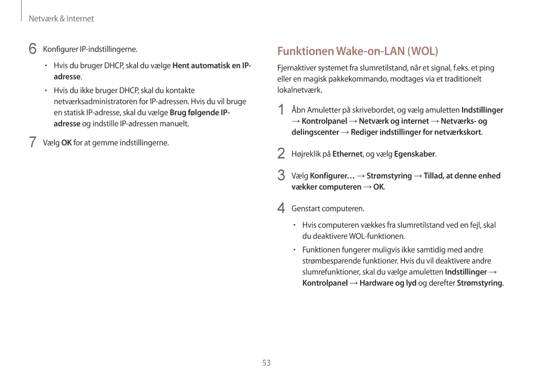 Samsung NP915S3G-K04SE manual Funktionen Wake-on-LAN WOL, Vælg OK for at gemme indstillingerne, Vækker computeren → OK 