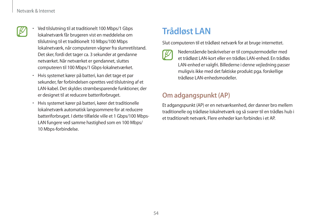 Samsung NP915S3G-K05SE, NP905S3G-K01AE, NP900X3G-K03SE, NP915S3G-K01SE, NP915S3G-K04SE manual Trådløst LAN, Om adgangspunkt AP 