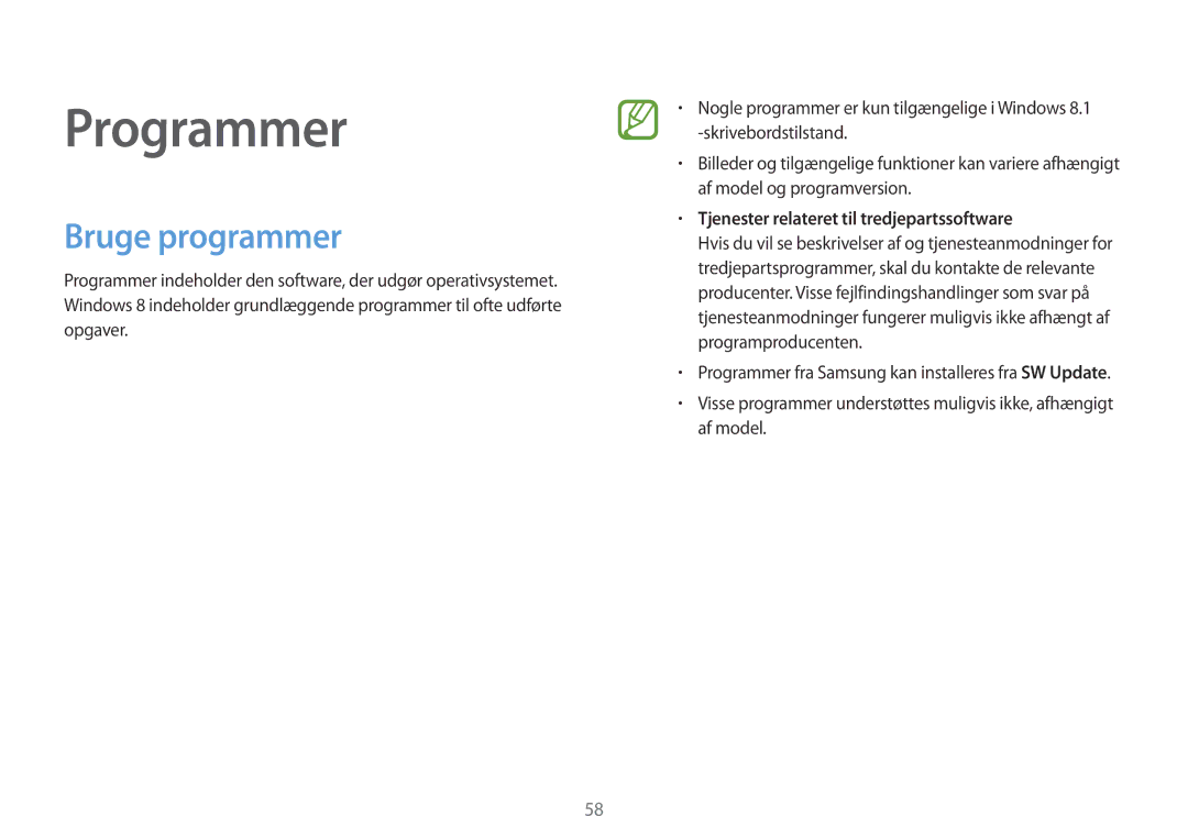 Samsung NP910S5J-K01SE, NP905S3G-K01AE, NP900X3G-K03SE manual Bruge programmer, Tjenester relateret til tredjepartssoftware 