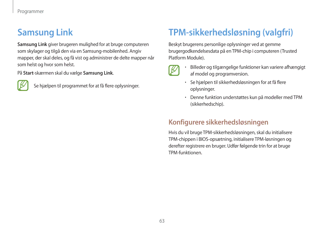 Samsung NP905S3G-K05SE, NP905S3G-K01AE manual Samsung Link, TPM-sikkerhedsløsning valgfri, Konfigurere sikkerhedsløsningen 